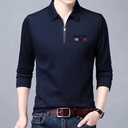 Spring Autumn New Business Half Zipper Polo Shirt Long Sleeve Solid Casual All-match Tops Tees Fashion Vintage Men Clothing