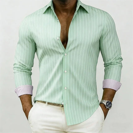 New men's striped shirt, outdoor street style, business casual, lapel collar, long sleeves, versatile and fashionable men's top.