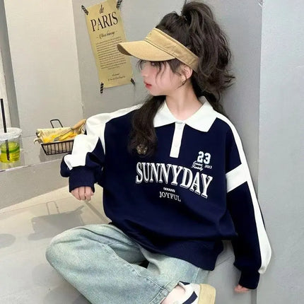 Spring and Autumn Children's Letter Printed Loose Casual Polo Shirt Children's Button Collar Splicing Long Sleeve Top