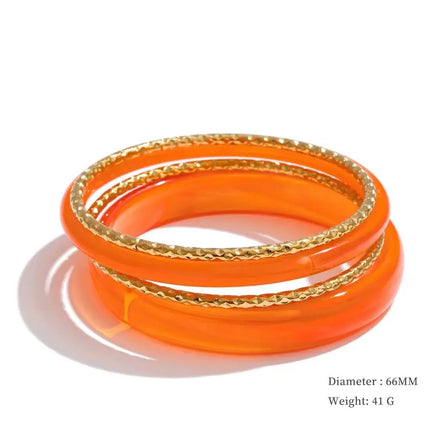 Yhpup 1Set 66mm 3 Round Circle Resin Overlay Minimalist Bracelet Bangle Set 18K Gold Plated Stainless Steel Wrist Trend Jewelry