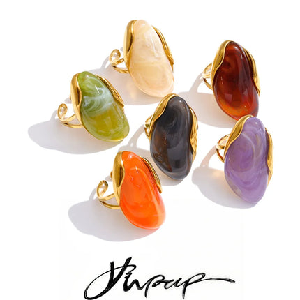 Yhpup 2026 Stainless Steel Multi-Color Resin Adjustable Ring PVD Hot Style Y2K Fashion Attractive Trend Finger Jewelry Wholesale