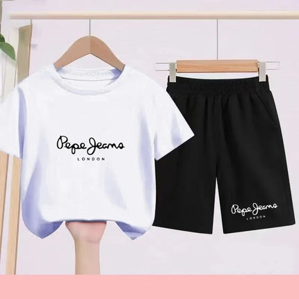Children's Sportswear Set - White T-shirt + Shorts - Personalized Letter T-shirt Suitable for Boys and Girls Aged 3 to 13