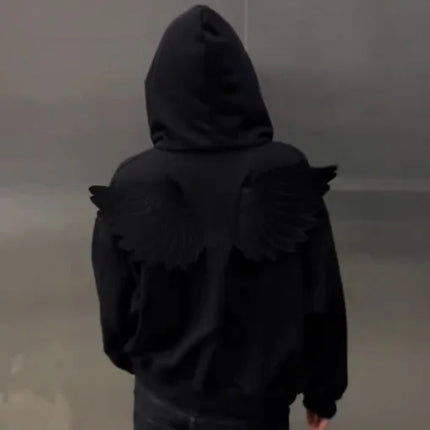 Spring New Cute Personality Street Trend Angel Wings Hooded Solid Color Zipper Sweater for Men and Women ins style