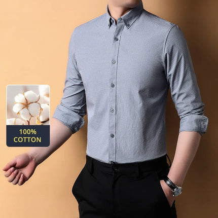 Top Grade 100% Cotton Anti-wrinkle New Fashion Breathable Checkered 2025 Men Shirt Brand Plaid Slim Fit Long Sleeve Casual Tops