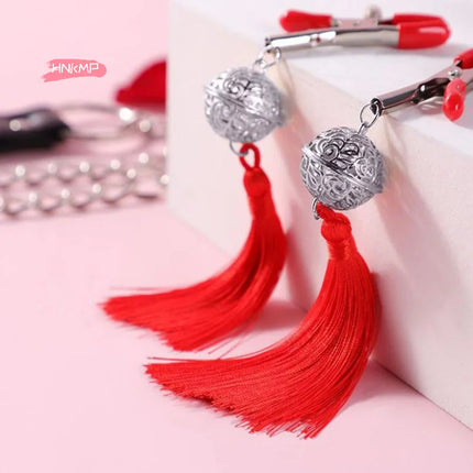 1 Pair Metal Bells Nipple Clamps with Tassel Nipple Ring for Flirting Teasing Exotic Breast Enlargement Accessory