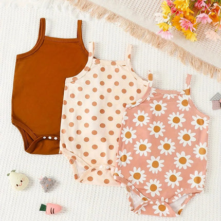 3Pairs/Lot Summer Baby Girl Newborn Baby Sling Onesie 3 Pieces Cute Polka Dot Flower Pattern Cool Breathable Comfortable Onesie