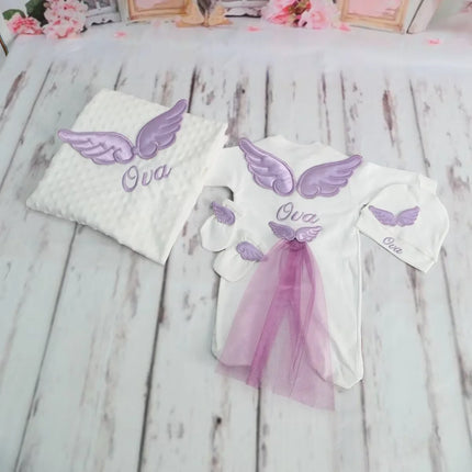 Dollbling Hospital Exit 5pcs Embroidery Name Newborn Angle Wings Romper Blanket  Nursery Bedding Swaddle Handmade Infant Outfit