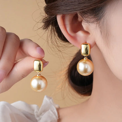 DREJEW Yellow Pendant Pearl Necklace Earring Set for Women Light Luxury High-end French Retro Wedding Jewelry Sets Party Gift