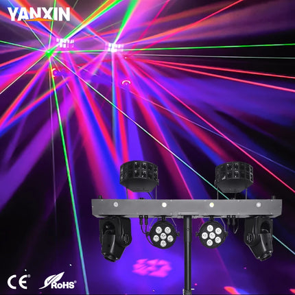 300W Multi-Effect Stage Light 5-in-1 LED Laser Strobe Butterfly Flood Light DMX Voice Control for DJ Disco Party Wedding Club