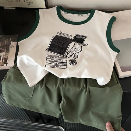 2026 Summer Sport Style Boys Clothing Set Letter Pattern Tank Top+Cargo Shorts 2Pcs Clothes Stripe Children Suit