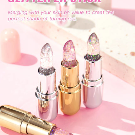 QIBEST Glitter Lipstick Lip Balm Color Change Transparent Moisturizing Crystal Jelly Pearlescent Lip Plumper Gloss Tint Cosmetic