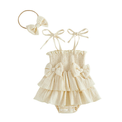 0-18M Newborn Baby Girl Summer Romper Dress Tie-up Sleeveless RBodysuit with Bowknot Hairband 2pcs Sets Casual Clothes