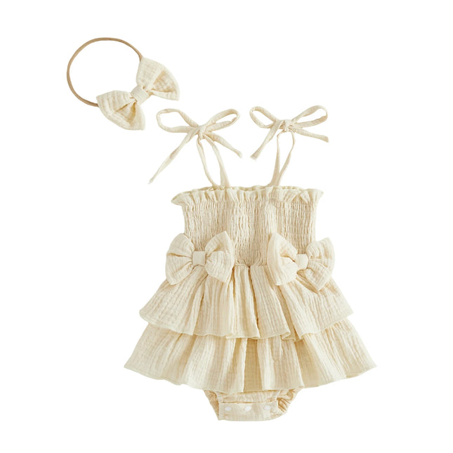 0-18M Newborn Baby Girl Summer Romper Dress Tie-up Sleeveless RBodysuit with Bowknot Hairband 2pcs Sets Casual Clothes