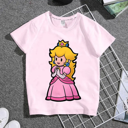2026 New Cartoon Mario Princess Children's Clothing T-Shirt - Summer Boys and Girls Short-Sleeved Pink Family Set Student Shirt