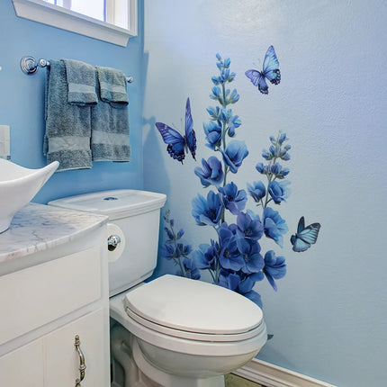 1Pc Romantic Blue Flower Butterfly Wall Sticker Living Room Bedroom Decor Home Wall Decor Self-adhesive Stickers Room Decoration