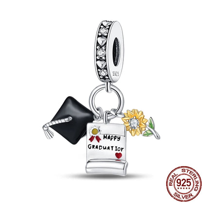100% 925 Sterling Silver Graduation Season Series Owl Bachelor's Hat Charms Beads Fit 3mm 925 Original Bracelets DIY Jewelry