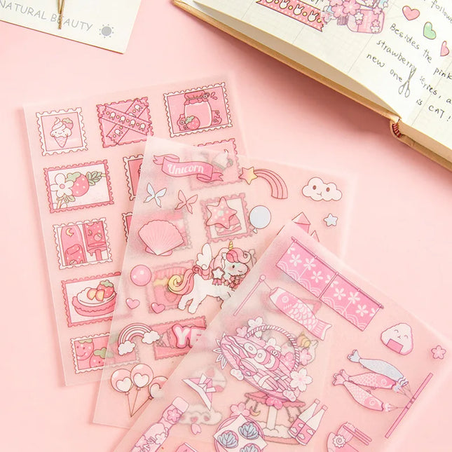 Kawai 4Pcs Pink PET Decorative  Stickers Pack Scrapbooking Stationery School Supplies Korean Stickers