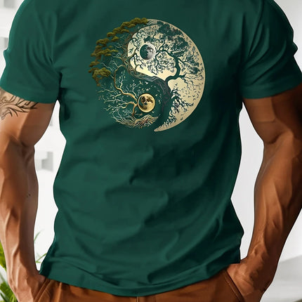 Men's summer 100% pure cotton fashionable casual loose sports yin-yang tree pattern print round neck short-sleeved T-shirt top