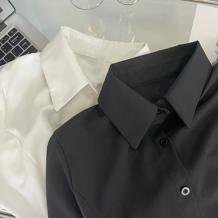 White Shirt Women Tops Korean Long Sleeve Blouses Lace Up Button Up Shirt Office Lady Black Fashion Slim Turn-Down Collar Blouse