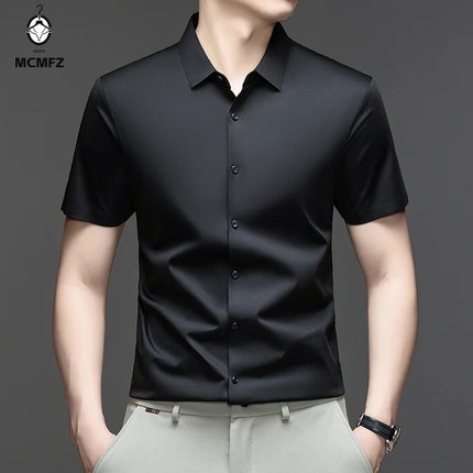 Casual Mens Short Sleeve Button Down Shirt Ice Silk Fabric Breathable Wrinkle Resistant Summer Formal Top