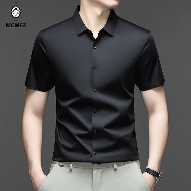Casual Mens Short Sleeve Button Down Shirt Ice Silk Fabric Breathable Wrinkle Resistant Summer Formal Top
