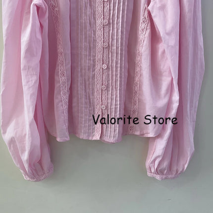 2025 Woman Pink Lace Embroidered Shirt Stand Collar Long Sleeved Hollow Out Buttons Up Matching Layered Shorts Skirts 2pcs set