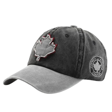 Casual Washed Denim Look Maple Leaf Patch Cap Adjustable Two Tone Outdoor Sport Baseball Hat for Daily Wear