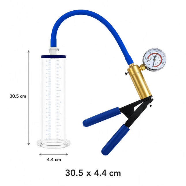 Sex Toys Vacuum Pump Trainer with Clear Acrylic Measuring Cylinder, Blue Hose, Metal Pressure Gauge, and Manual Air Control Handle