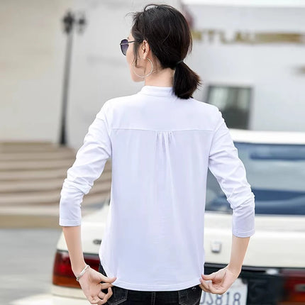 Stand up collar double breasted white long sleeved casual top for spring and autumn new style semi high collar basic top to wear