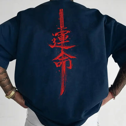 A men's short sleeved T-shirt made of pure cotton with a Japanese samurai sword pattern printed on it, regular style, fashionabl