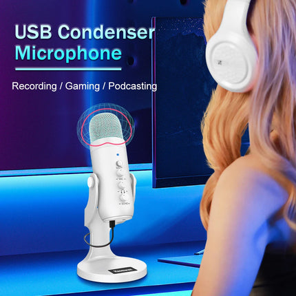 Haomuren Professional White USB Condenser Microphone Studio Recording Mic for PC Computer Phone Gaming Streaming Podcast Youtube