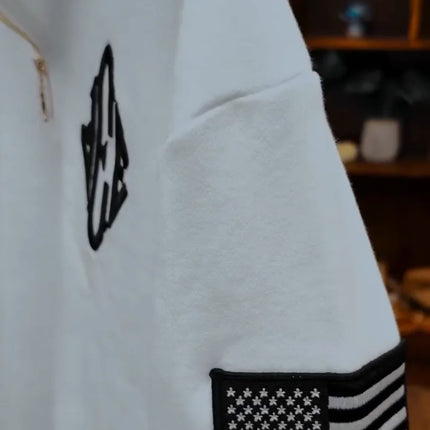 Y2K America Retro Embroidery Pullover White Quarterzip Stand Collar Polo Shirt Sweatshirt Casual Men Clotheing