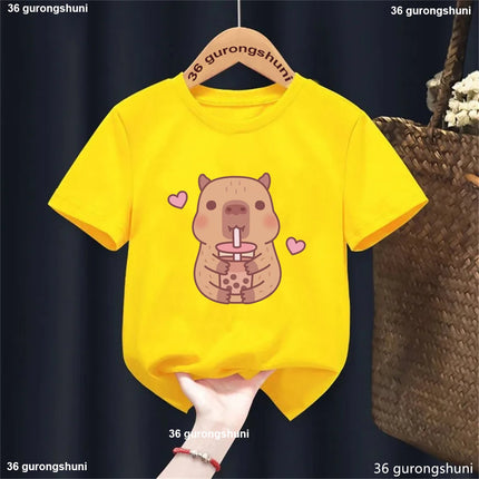 Funny T-Shirt Capybara With Turtle Loves Bubble Milk Tea Printed T-Shirt Girls/Boys Kawaii Kids Clothes Harajuku Shirt Tops