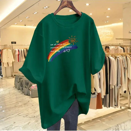 Women Clothing Fashion Hand-Painted Rainbow Print Tshirt Summer O-neck Short Sleeve 100 Cotton Basic Tee Loose Chic Top 45-105Kg