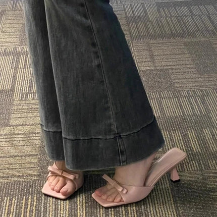 Designer Women Square Toe High Heel Slippers Fashion Butterfly-knot Dress Shoes Summer Stripper Mules Slides Zapatos De Mujer
