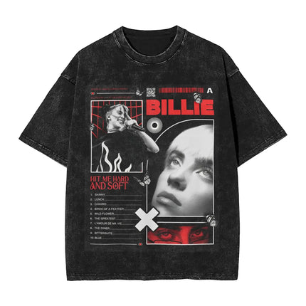 Billie Eilish Funny Poster Graphic Print T-shirt Men Women Fashion Vintage Washed Cotton O-neck Summer Tee Oversized Casual Top