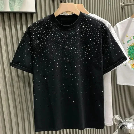 Summer Rhinestone Rivet T-shirt for Men Clothing Round Neck Casual T-shirt Fashion High Street 2025 Men's Summer Short Sleeves