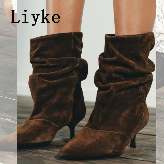 Liyke Brown Retro Elegant Designer Ankle Boots Women Fashion Pleated Suede Autumn Winter Low Thin Heels Party Prom Chelsea Shoes