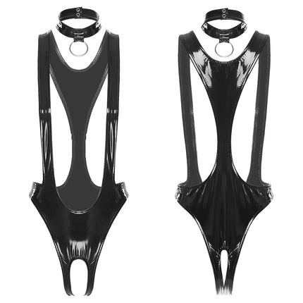 Womens Glossy Patent Leather Bodysuit and Choker Open Crotch Monokini Sling Leotard Swimwear with O-ring Clubwear Nightwear