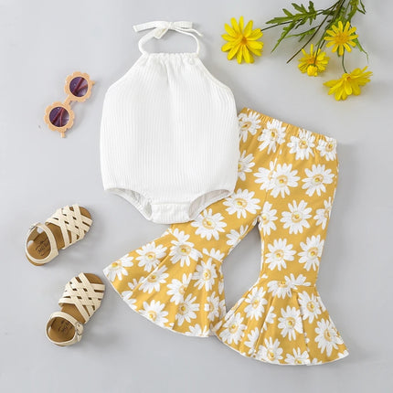 Fashion 2pcs Clothes Outfits For Baby Girl Summer Outfits Romper Floral Elastic Waist Flare Pants Toddler Sleeveless Jumpsuit