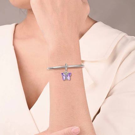 925 Sterling Silver Inlaid Heart-Shaped Beads & Rose Dangle Charm Fits Snake Bracelet Boutique Necklace Purple Pendant Gift