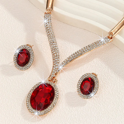 Luxury Red Crystal Necklace Earrings Jewelry Set for Women