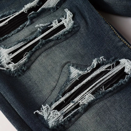 Men Black Leather Patches Denim Jeans Streetwear Skinny Tapered Pants Holes Ripped Dark Blue Stretch Trousers
