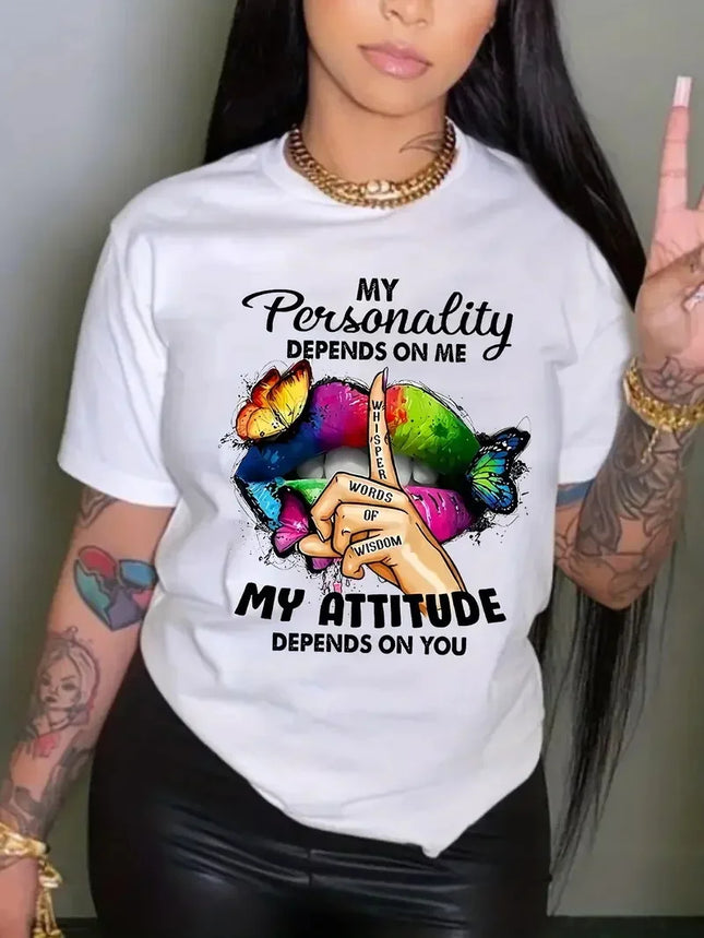 Butterfly and Lip Printed Plus Size T-Shirt Women Short Sleeve Round Neck Casual Top Fashionable Street Original Style Tops