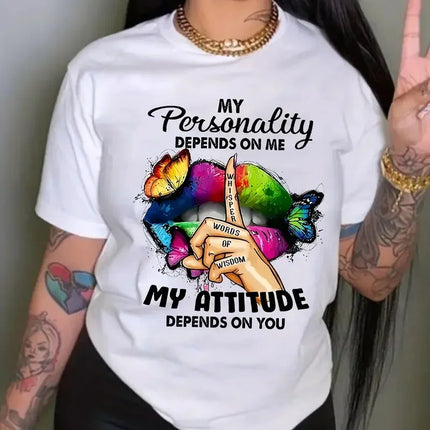Butterfly and Lip Printed Plus Size T-Shirt for Women, Short Sleeved Round Neck Casual Top, Fashionable Street Original Style Tops