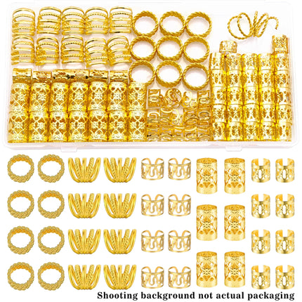 110 Pcs Gold Hair Rings for Braids and Dreadlocks - Metal Rings, Cuffs, Clips Accessory Decorations - Golden Yellow