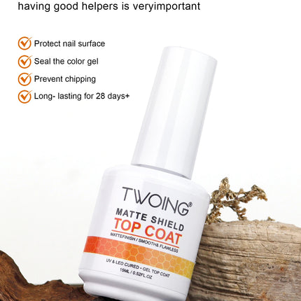 TWOING 15ml Velvet Matte Top Coat Gel Nail Polish Matte Top Coat No Wipe Sealer Gel Finish Manicure Nail Art Salon Quality