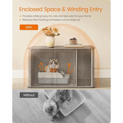 Hidden Cat Litter Box Enclosure with Front Entry, Double Doors, Handles, and Side Table, 33.5 x 19 x 19.5 Inches, Heather Grey