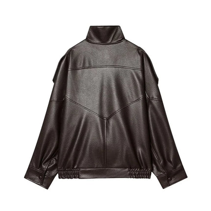 MUJER Black Faux Leather Jackets for Women Outerwears Office Women's Bomber Jacket Snap Button Demi-season Jacket for Women Coat