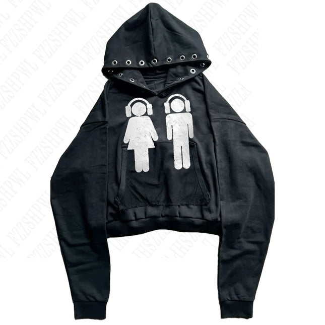 American retro y2k millennial dark print hoodie, long-sleeved pullover hoodie, autumn and winter vintage street fashion coat emo